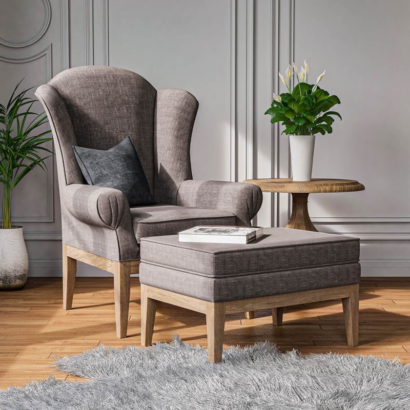 Wingback Chair Set with Ottoman Textured Taupe Tapered Wood Legs