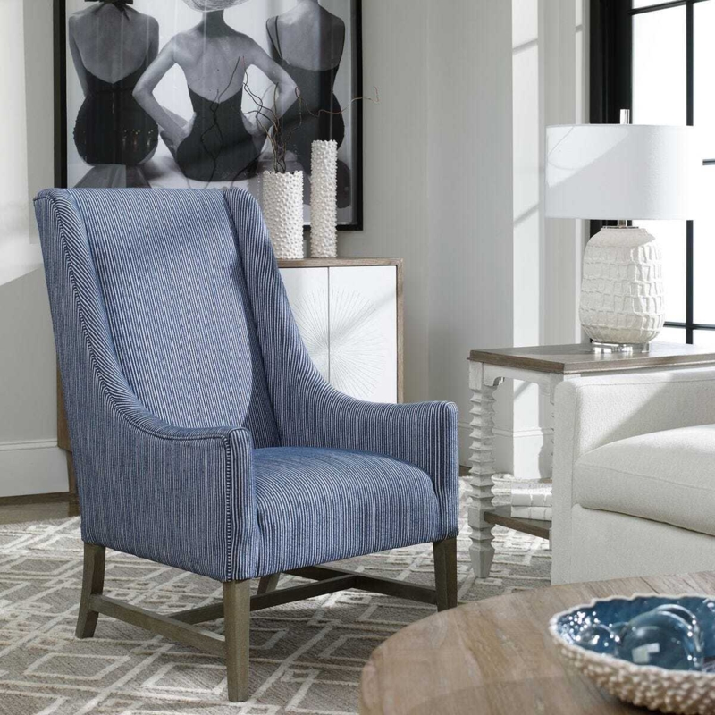 Wingback Chair with Blue Pinstripe Upholstery and Tapered Legs