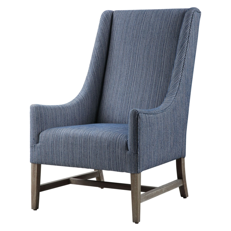 Wingback Chair with Weathered Gray Base and Navy Stripes