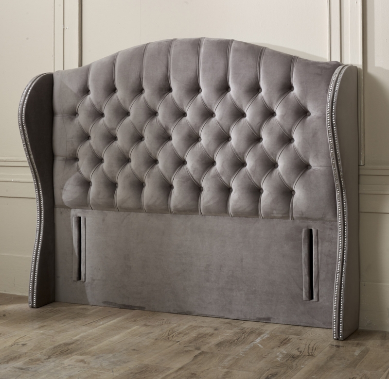 Wingback Floor Standing Headboard Charcoal Grey with Silver Nailhead Trim