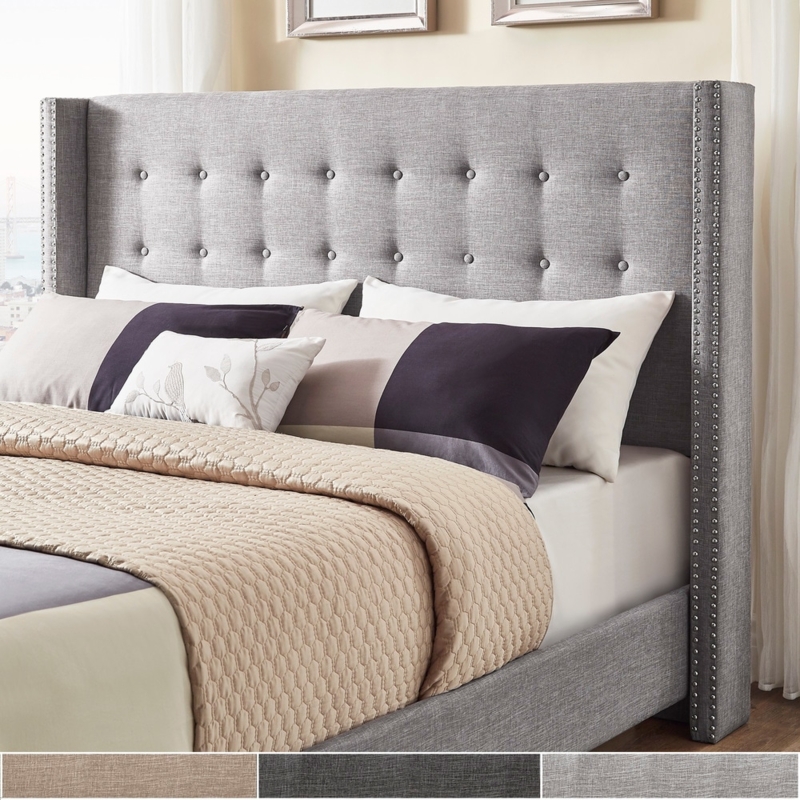 Wingback Headboard Gray Fabric with Nailhead Trim and Button Tufting