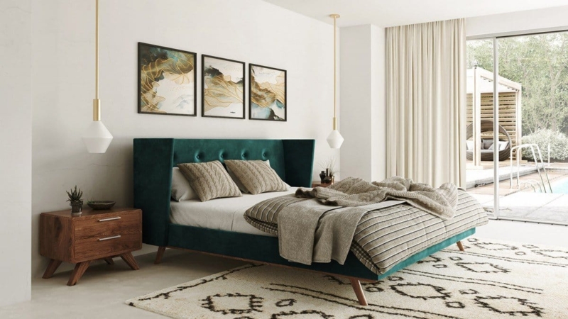 Wingback Platform Bed in Forest Green Velvet with Walnut Tapered Legs
