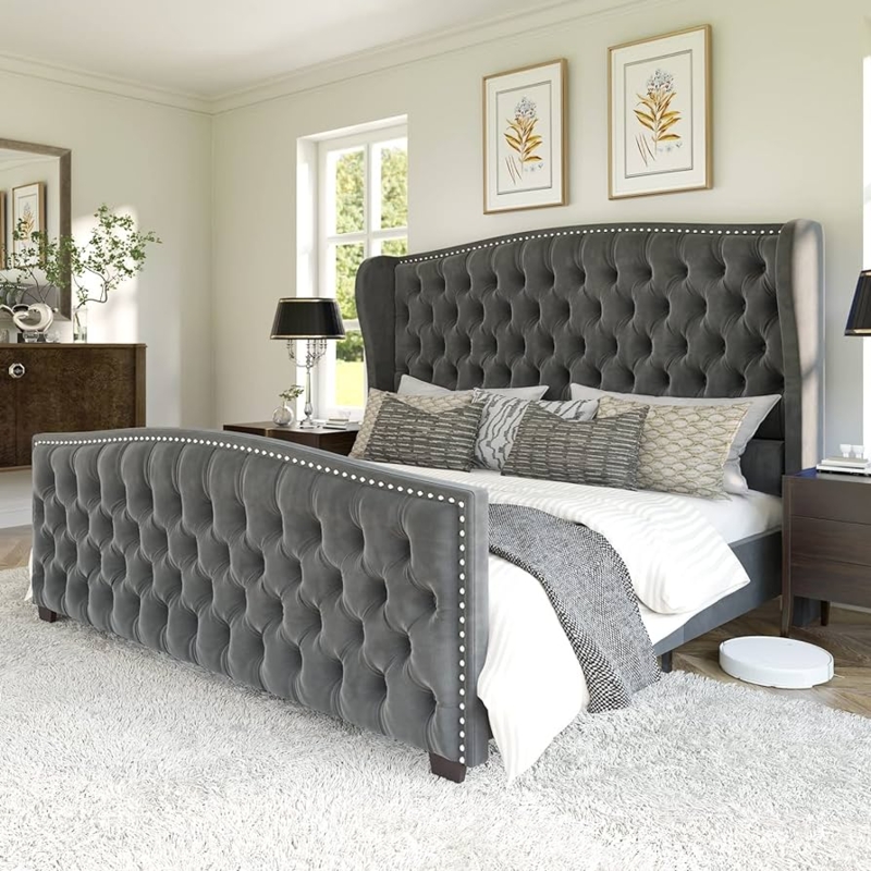 Wingback Platform Bed in Grey Velvet with Silver Nailhead Trim