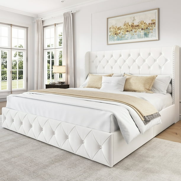 Wingback Platform Bed White Diamond Tufting Velvet-Like