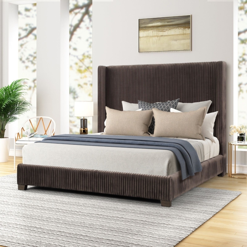 Wingback Pleated Headboard Bed, Dark Brown Upholstery, Contemporary