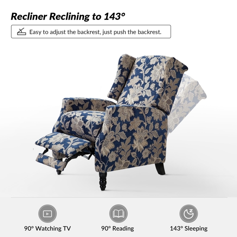 Wingback Recliner 143 Degree Recline Navy Cream Botanical Print