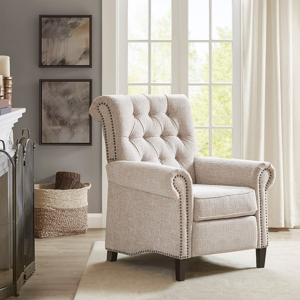 Wingback Recliner Beige Linen Diamond Tufted Nailhead Trim Traditional