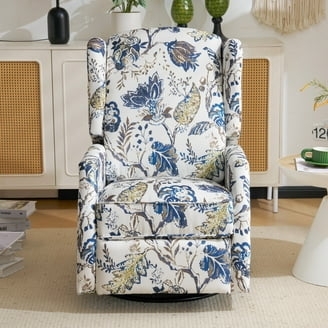 Wingback Recliner Blue Botanical Floral Swivel Rolled Arms Manual