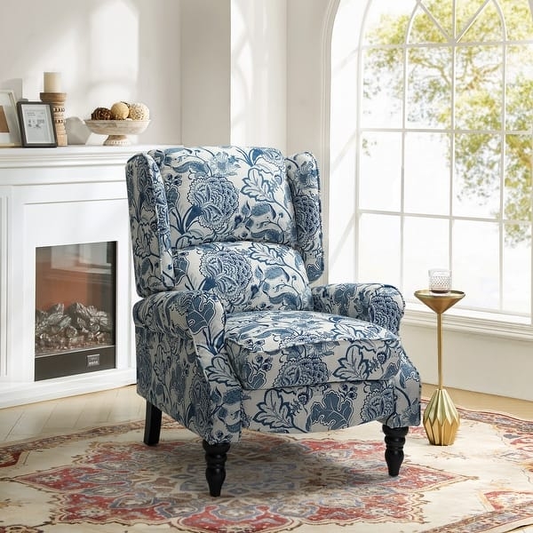 Wingback Recliner, Blue Floral Toile Pattern, Dark Spindle Legs
