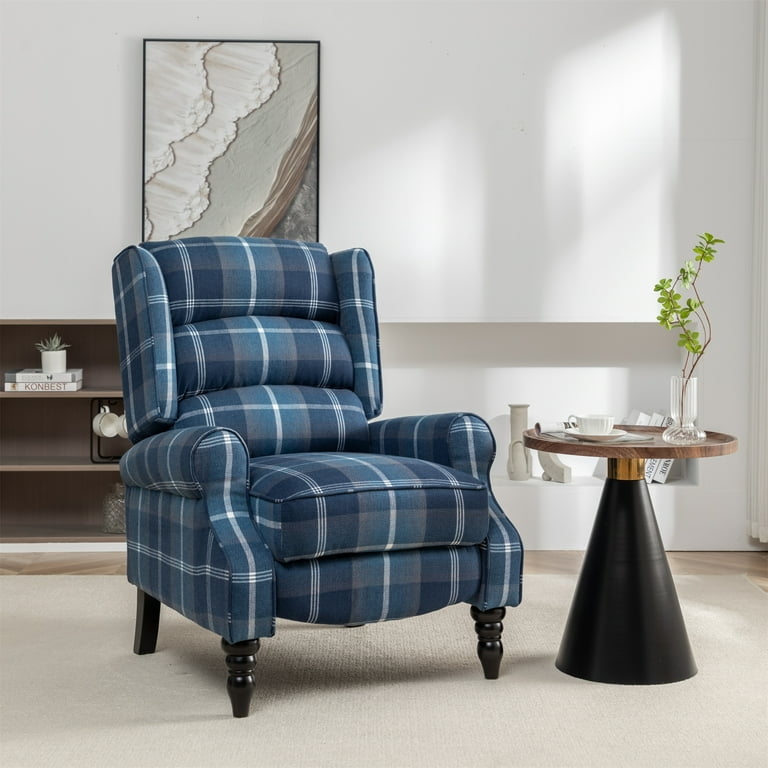 Wingback Recliner Blue Plaid Turned Legs Rolled Arms Push Back Manual