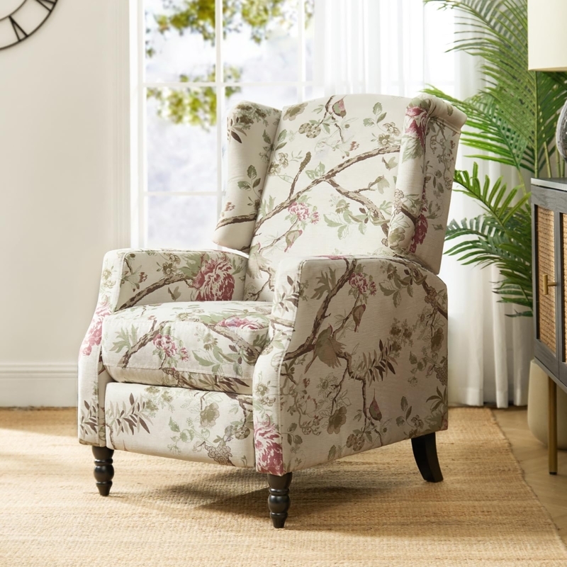 Wingback Recliner Botanical Bird Pattern Push Back