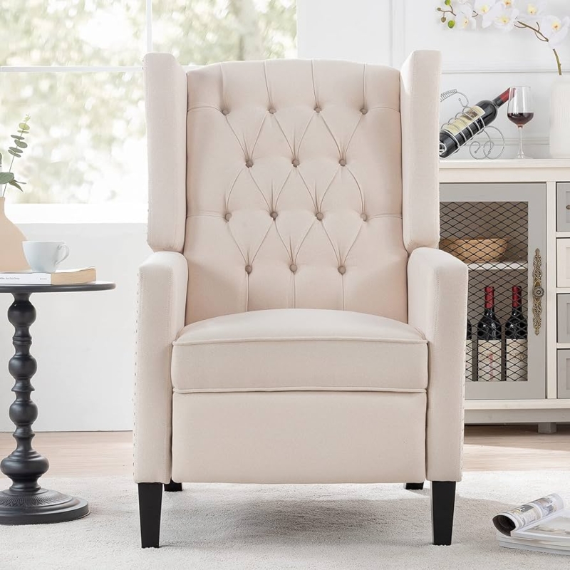 Wingback Recliner Chair Beige Button Tufted Manual Reclining Wingback