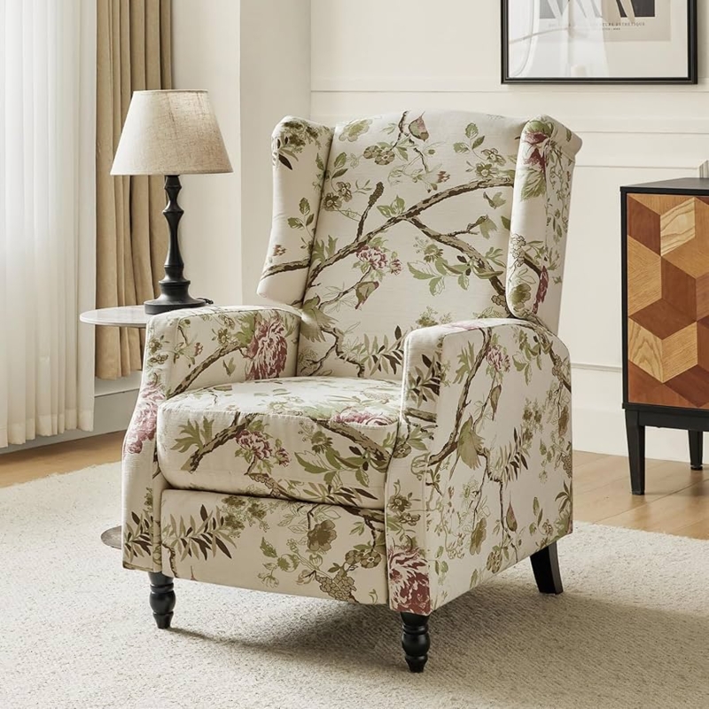 Wingback Recliner Chair featuring Botanical Bird Print and Earth Tones