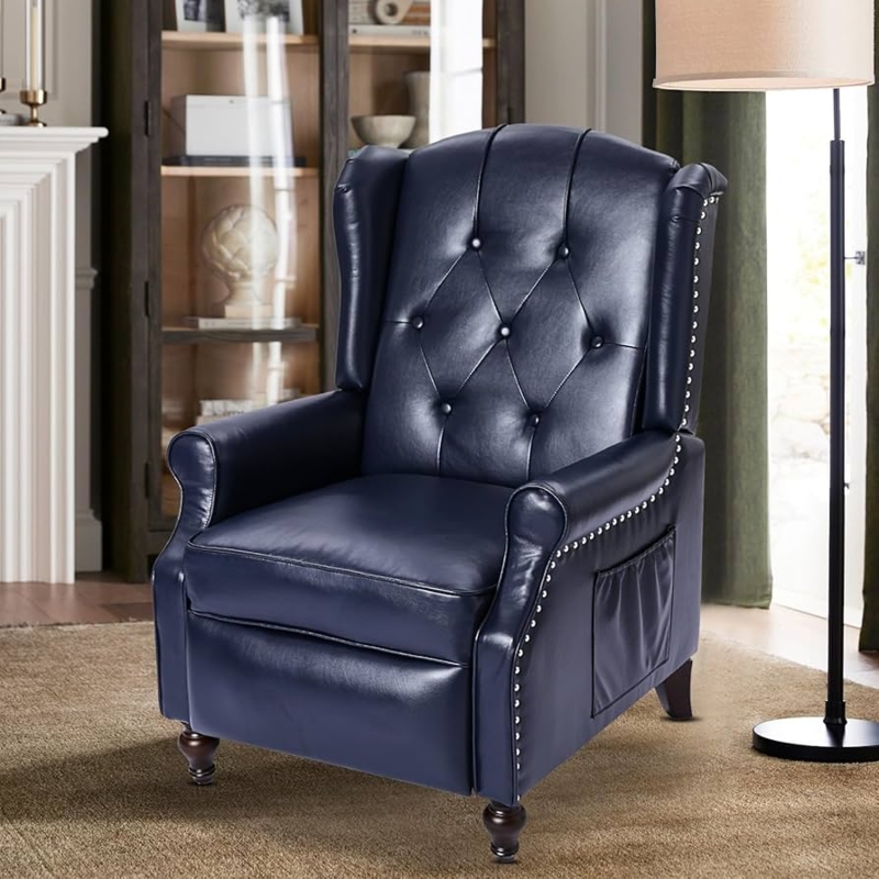 Wingback Recliner Chair, Navy Blue, Diamond Tufted, Side Storage Pocket
