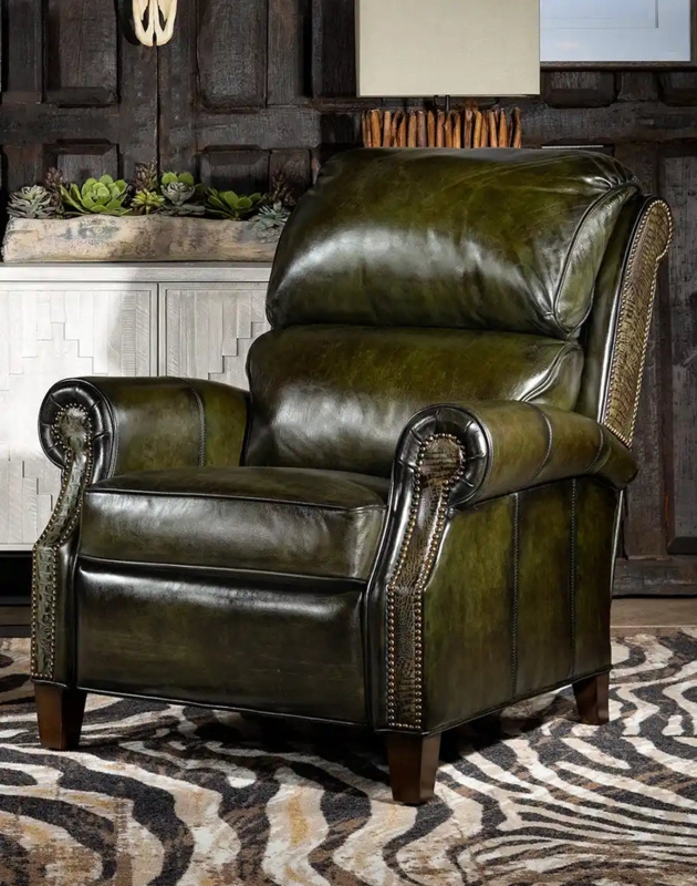 Wingback Recliner Chair Olive Green Leather Like Nailhead Trim