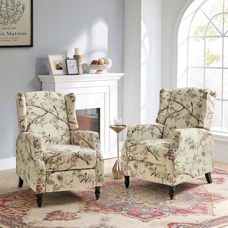 Wingback Recliner Chair with Cottagecore Floral Bird Pattern Upholstery