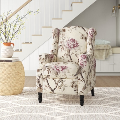 Wingback Recliner Cream Mauve Floral Botanical Print Turned Legs Cottage
