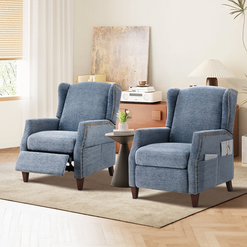 Wingback Recliner Dark Blue Chenille Texture Side Pocket