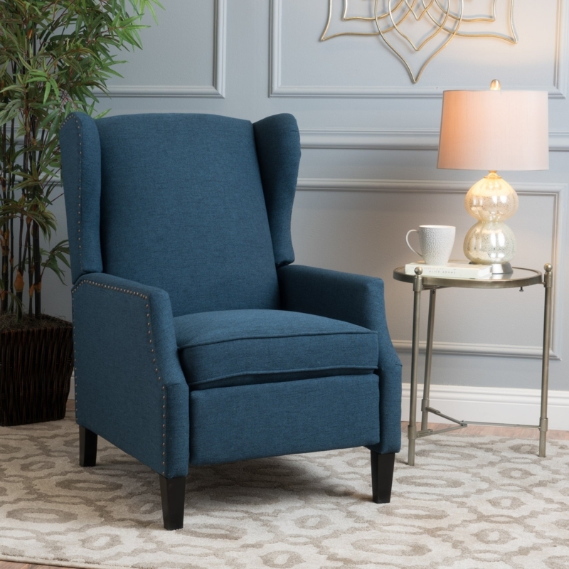 Wingback Recliner, Deep Blue Fabric, Discreet Recliner, Nailhead Trim