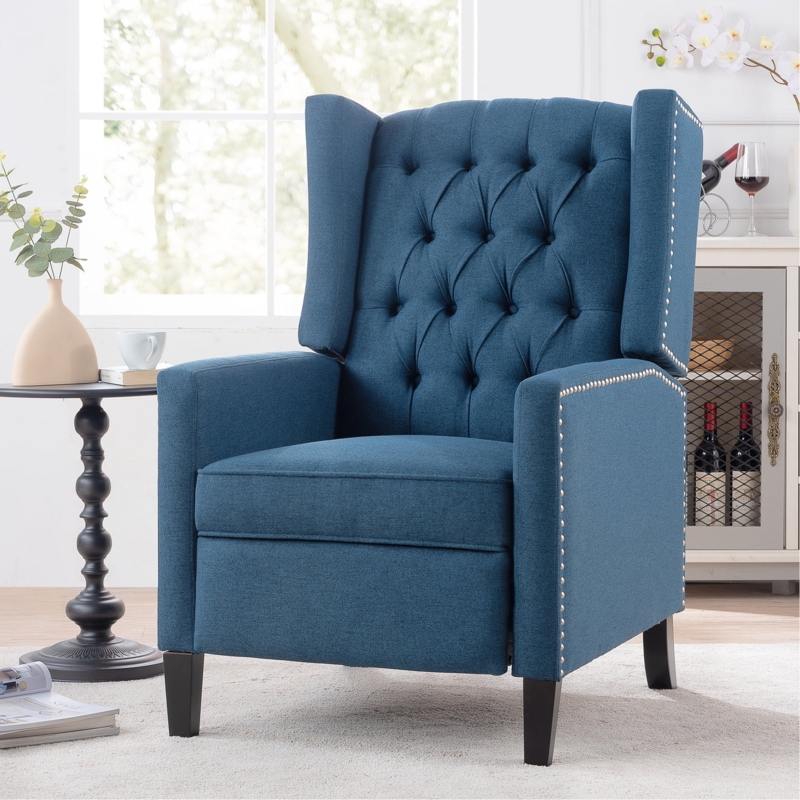 Wingback Recliner, Denim Blue, Button Tufted, Nailhead Trim Accent