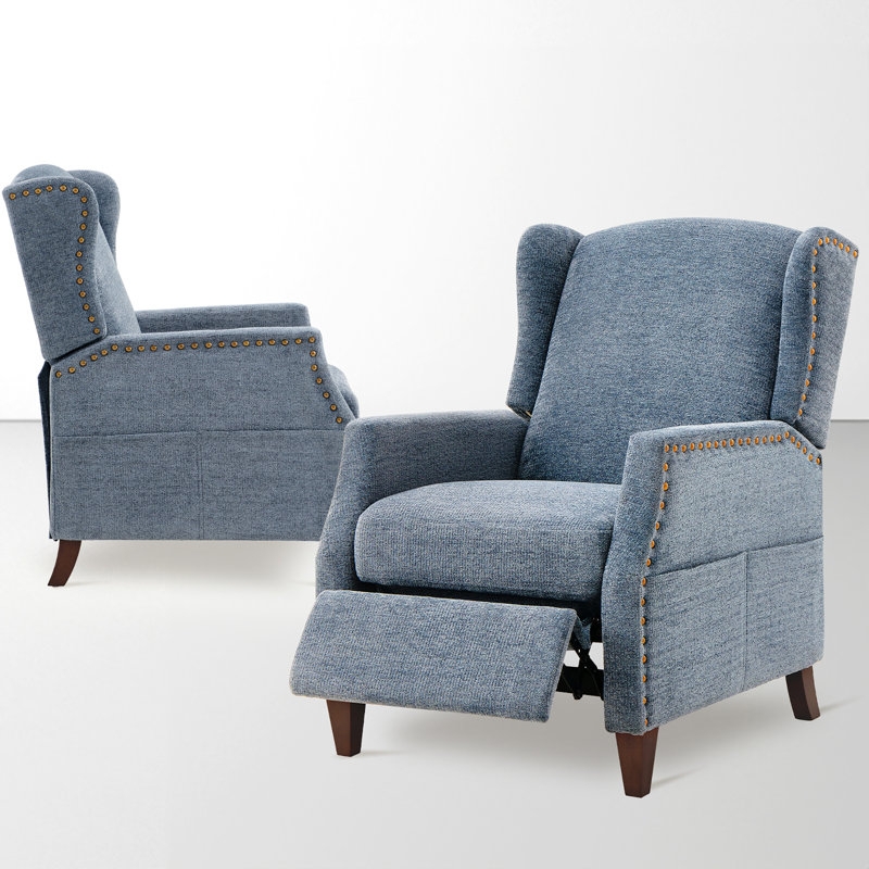 Wingback Recliner Dusty Blue Woven Fabric Nailhead Trim