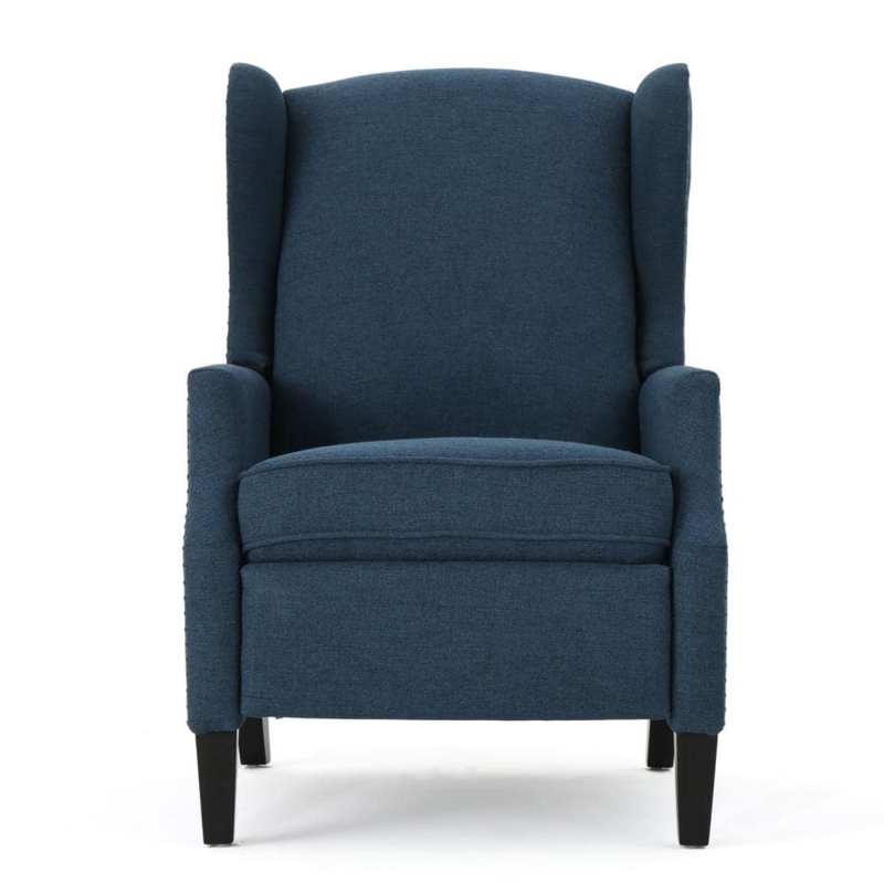 Wingback Recliner, Navy Blue Fabric, Tapered Legs, High Back