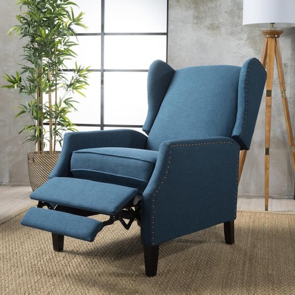Wingback Recliner, Navy Blue Upholstery, Nailhead Trim, Tapered Legs