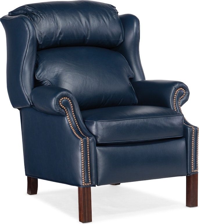 Wingback Recliner, Navy Leather-Like, Brass Nailhead, Rolled Arms