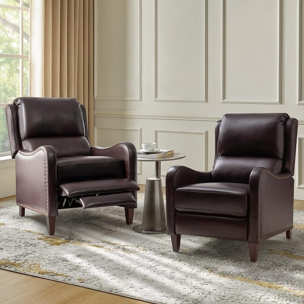 Wingback Recliner Set Dark Brown Nailhead Trim Push Back