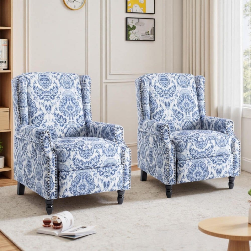 Wingback Recliner Set Navy Damask Nailhead Trim Manual Turned Legs