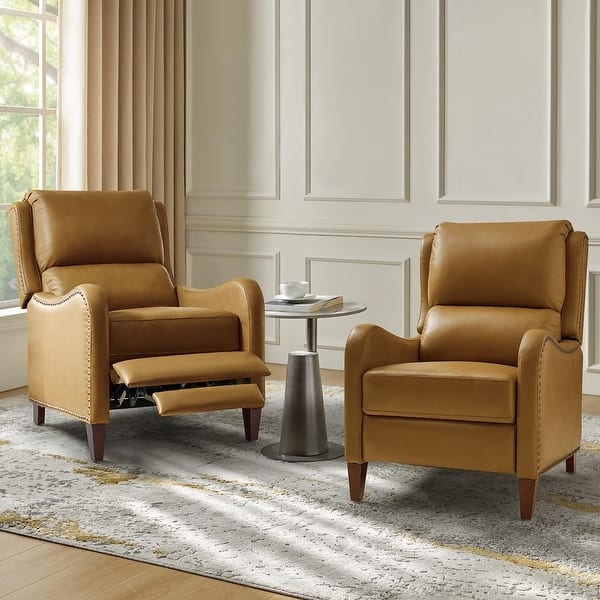 Wingback Recliner Set Tan Leather Like Nailhead Trim Push Back