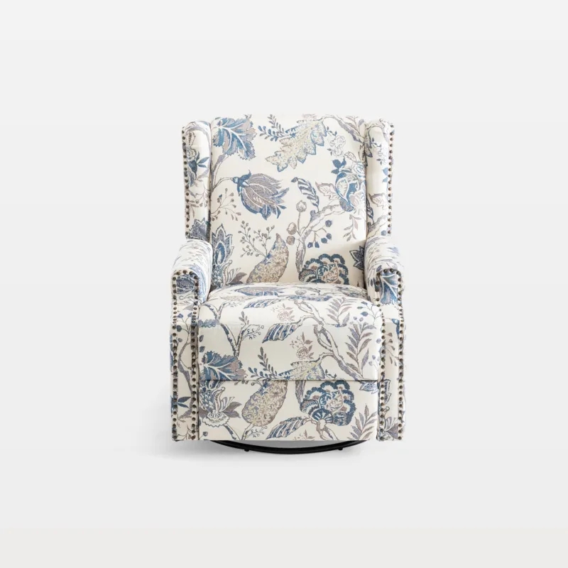 Wingback Recliner Swivel Manual Floral Botanical Nailhead Trim Blue
