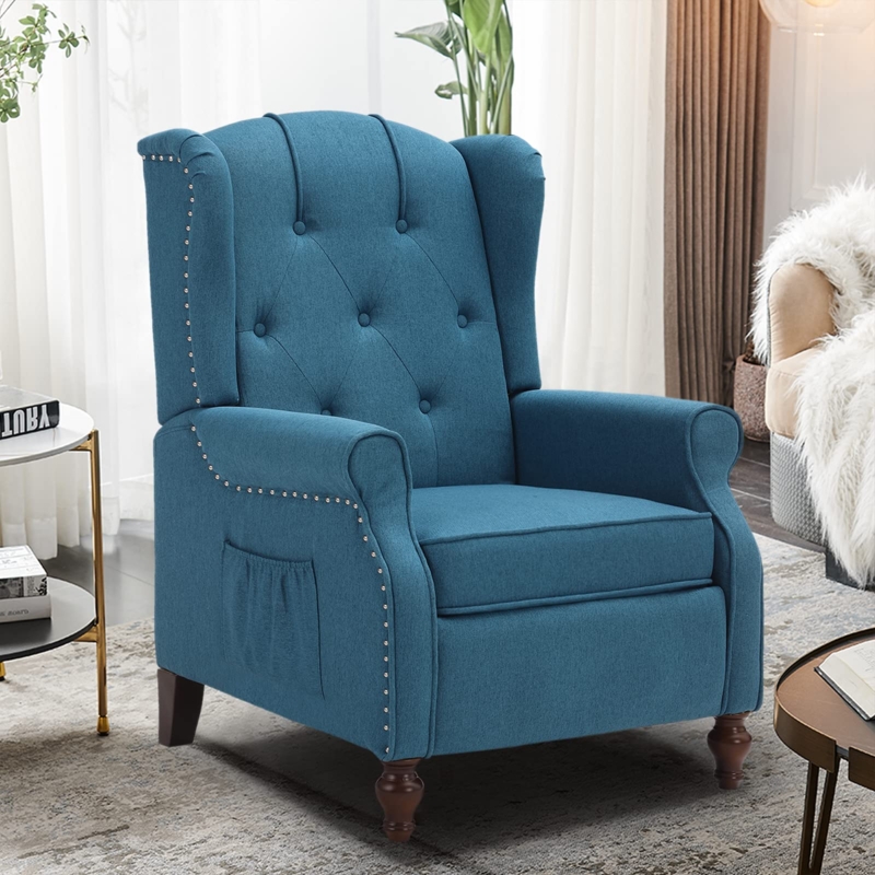 Wingback Recliner, Teal Blue Fabric, Built-In Side Pocket, Turned Legs