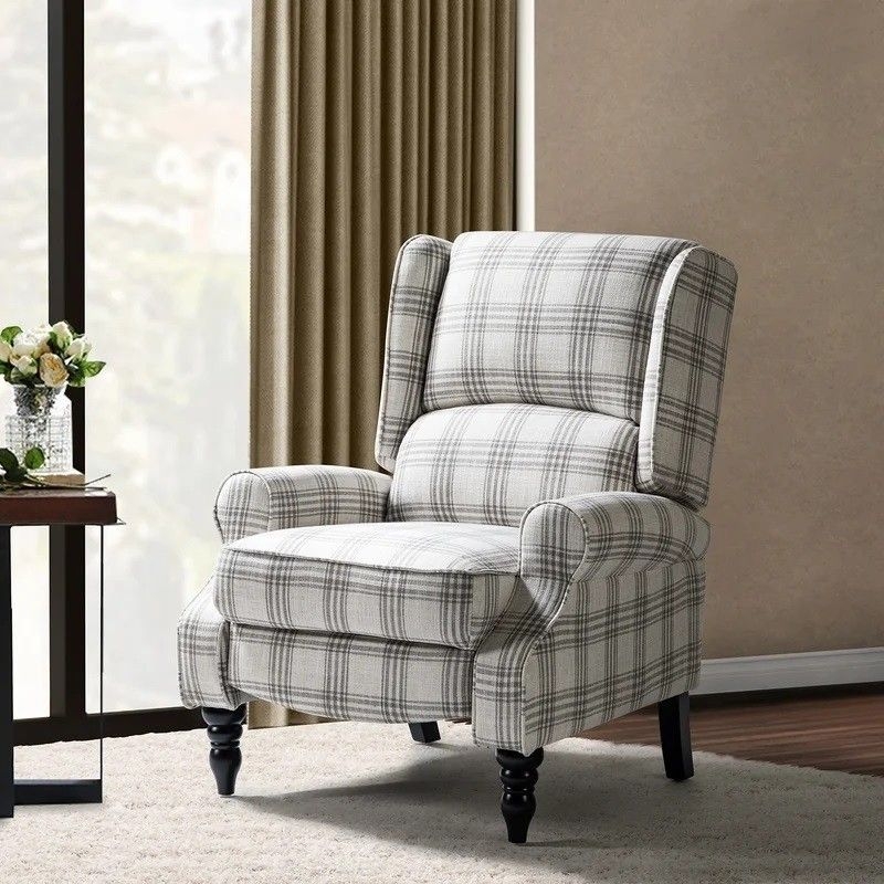 Wingback Recliner Windowpane Plaid French Country Turned Legs