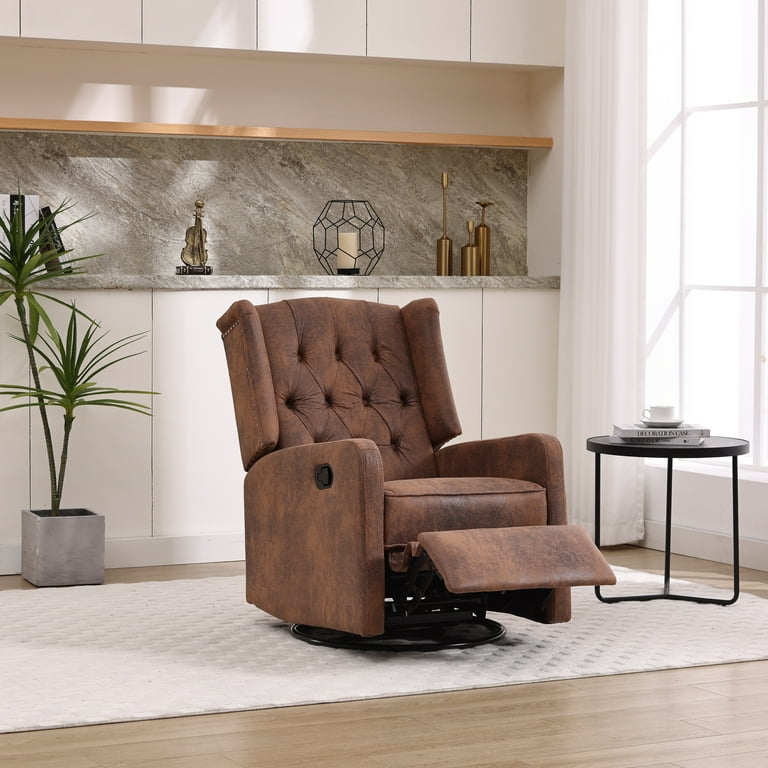 Wingback Rocking Recliner in Brown Microsuede with Tufted Back