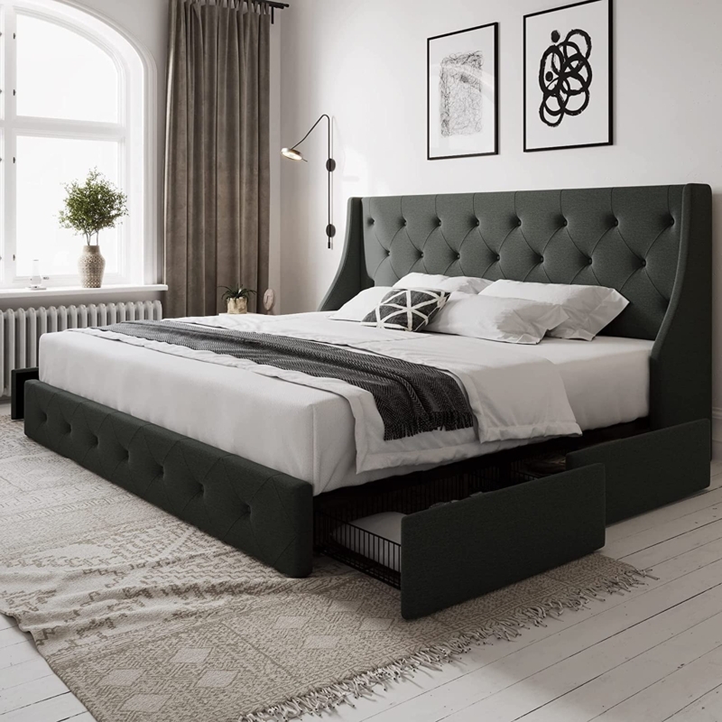 Wingback Storage Bed Charcoal Tufted With Drawers