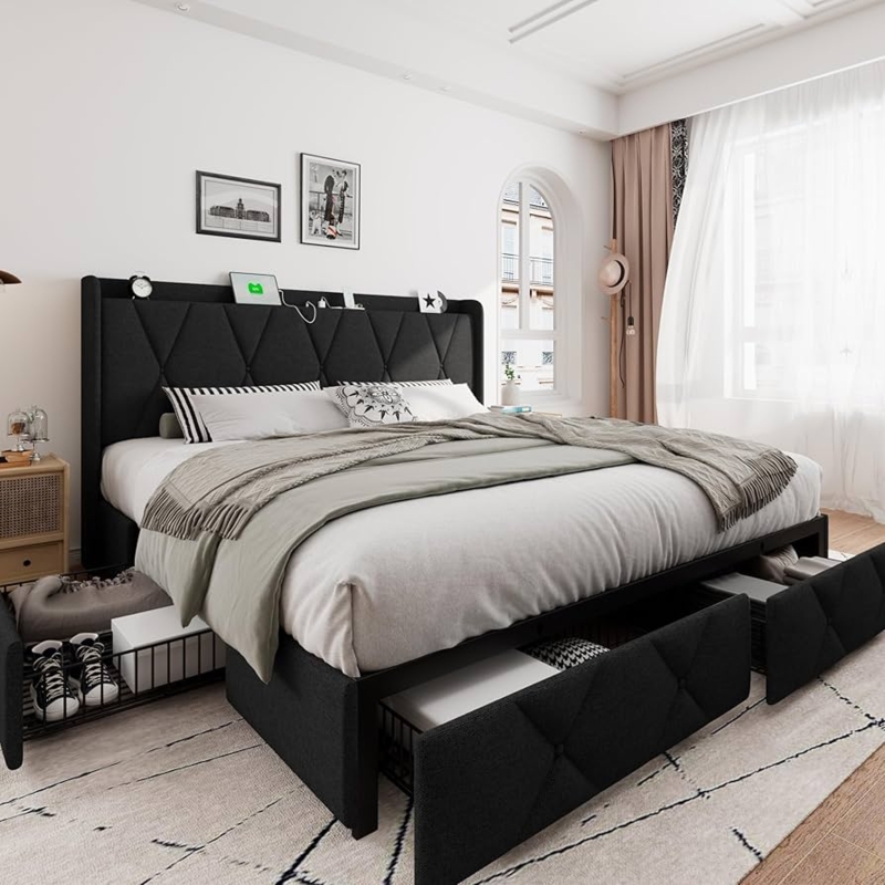 Wingback Storage Bed with Diamond Tufting and Charging Station