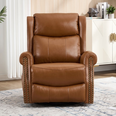 Wingback Swivel Recliner: Cognac Leather-Like with Nailhead Trim Details