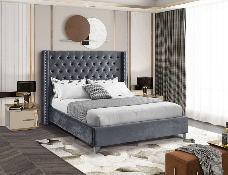 Wingback Upholstered Bed Charcoal Velvet Nailhead Trim Modern Glam