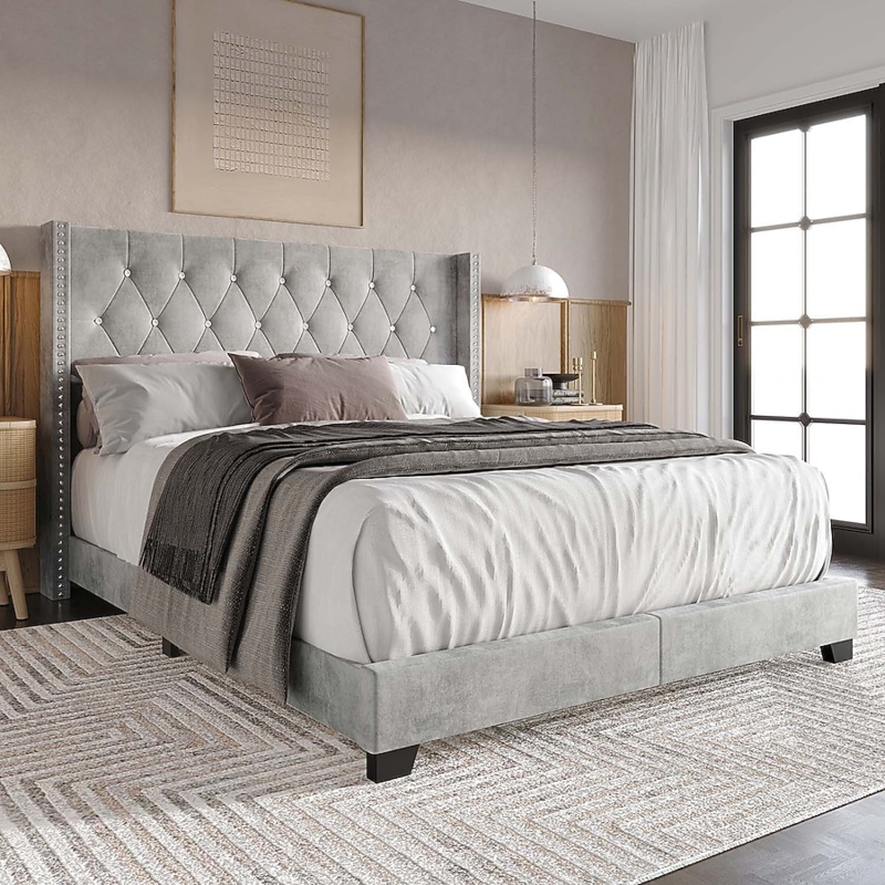 Wingback Upholstered Bed Velvet Nailhead Trim Glam Furniture