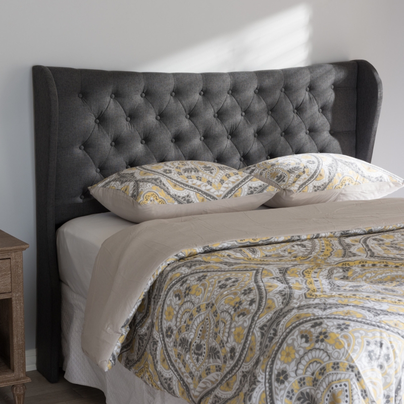 Winged Headboard Dark Fabric Deep Button Tufting Contemporary Style