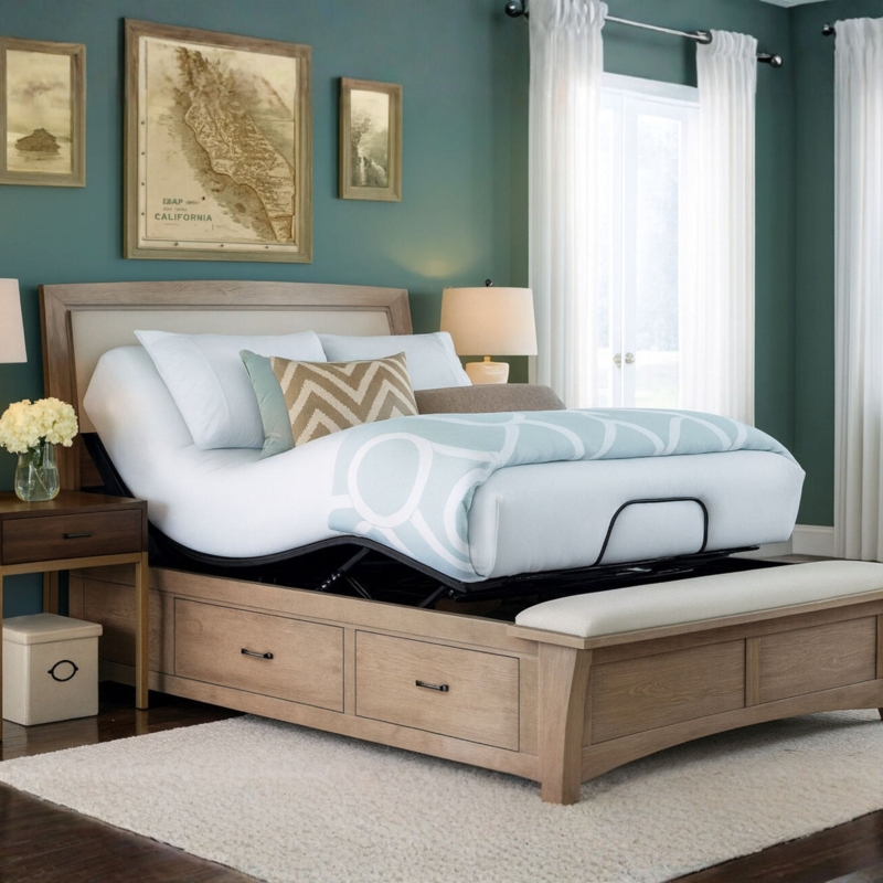 Wood Adjustable Storage Bed with Integrated Footboard Bench