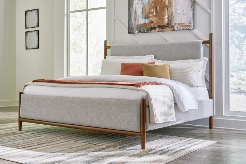 Wood and Fabric Bed with Tapered Legs and Gray Padded Headboard