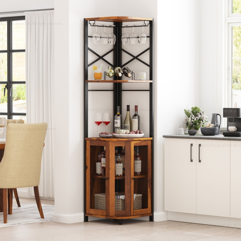 Wood and Metal Industrial Corner Bar Cabinet with Mesh Doors