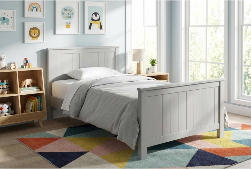 Wood Bed Frame featuring Slatted Headboard and Matching Footboard