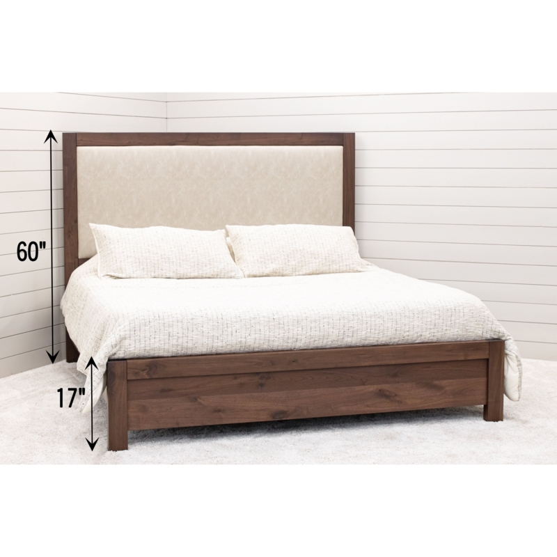 Wood Bed with Tall Upholstered Inset Headboard, Dark Walnut and Cream