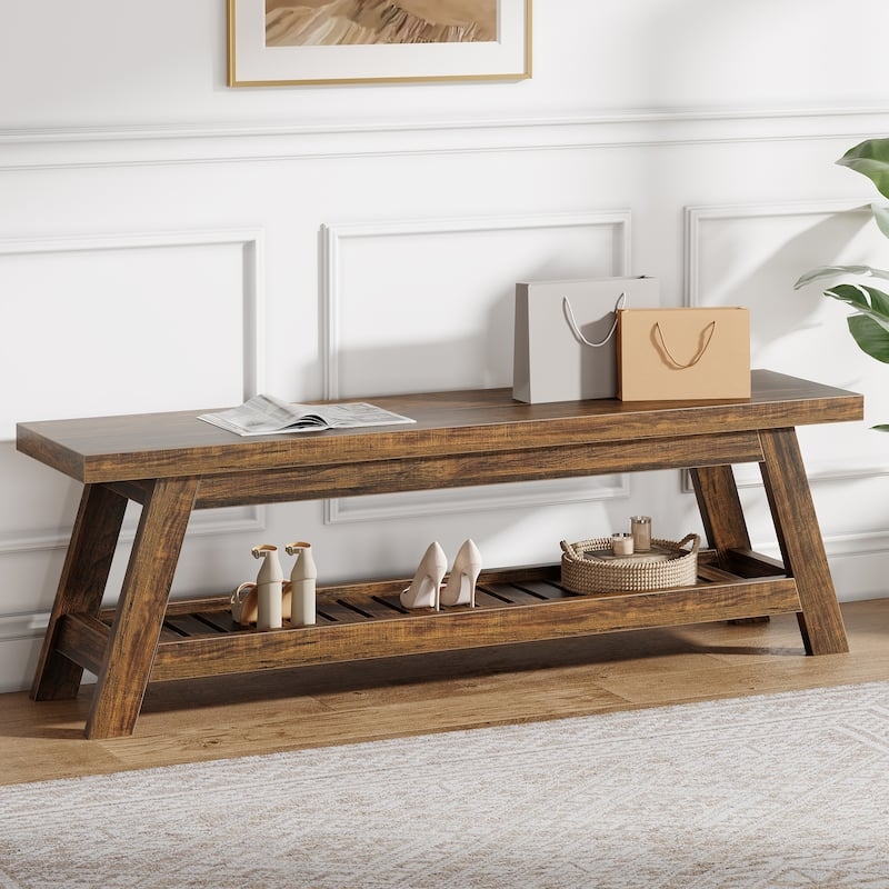Wood Entryway Storage Bench with A-Frame Legs and Slatted Shelf