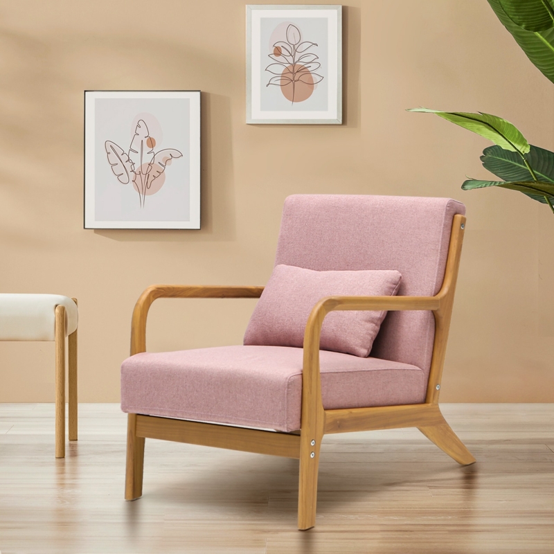 Wood Frame Accent Chair: Woven Fabric Mid-Century Style.