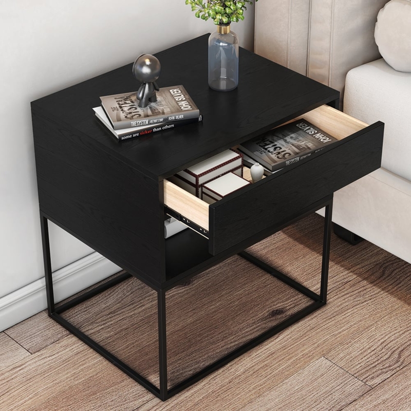 Wood Grain Nightstand, Metal Base, Single Drawer, Matte Finish