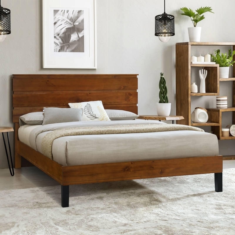 Wood Panel Headboard Bed Brown Mid Century Black Block Legs